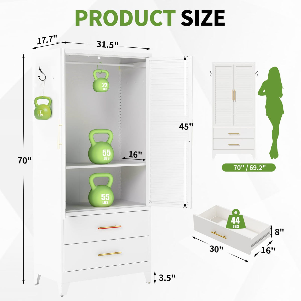 White Metal Wardrobe - Bedroom Storage Cabinet 71" Tall