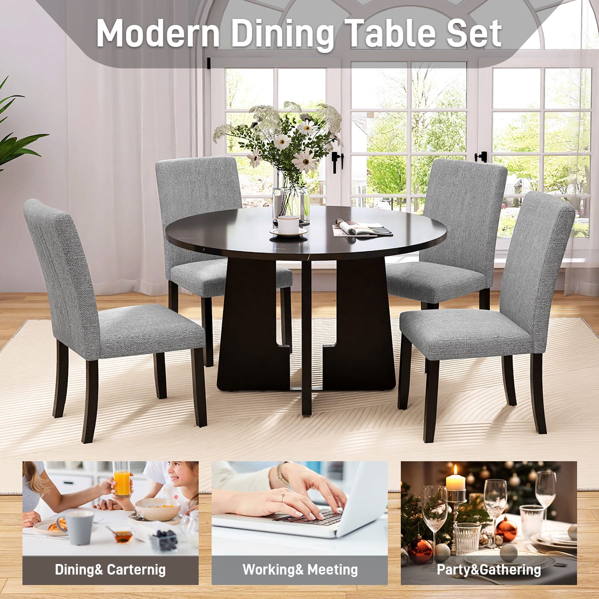 Round Dining Table - 43 Inch Black MDF Tabletop