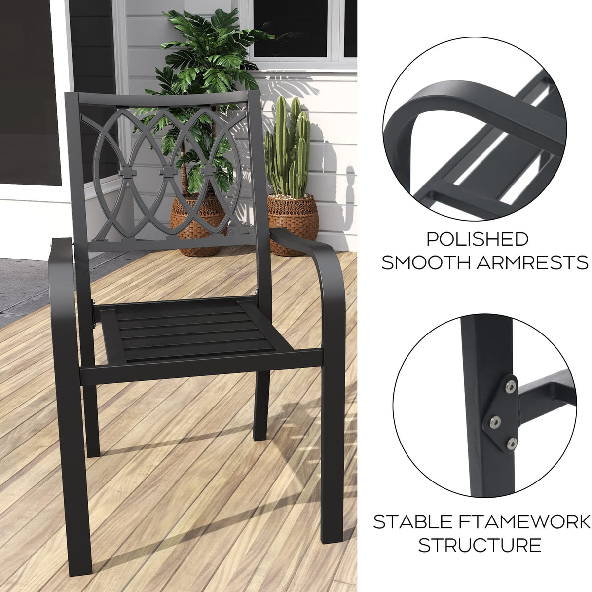 Black Metal Poolside Chairs for Garden Patio Seating with 350LB Capacity