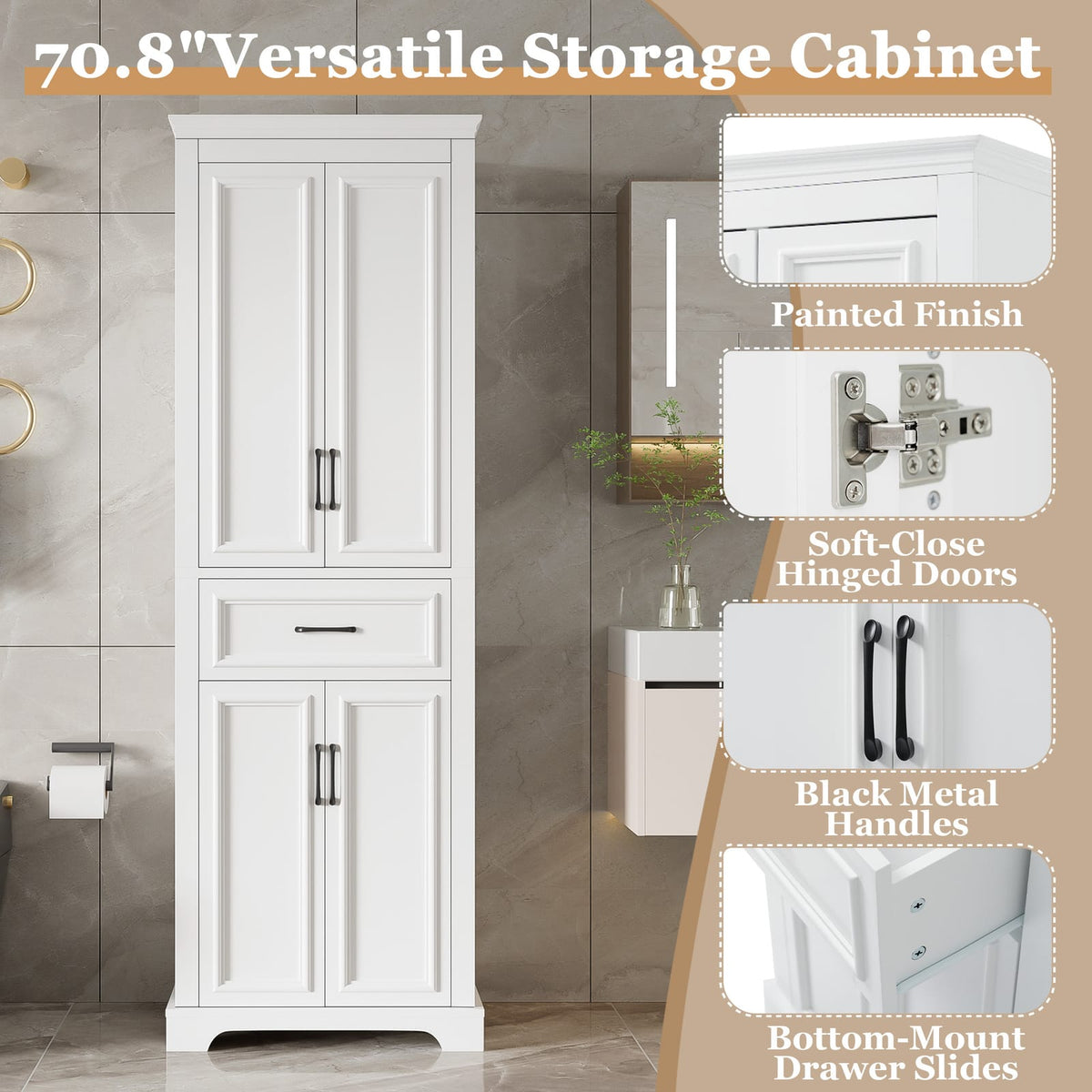 White Bathroom Vanity with 4 Doors & Drawer - Freestanding Storage Cabinet