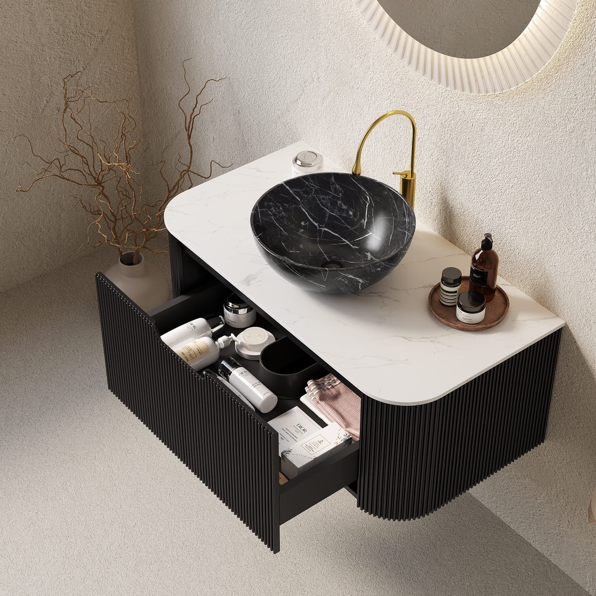 White+Black Bathroom Vanity with Sink - Wall Mounted Storage