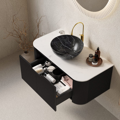 White+Black Bathroom Vanity with Sink - Wall Mounted Storage