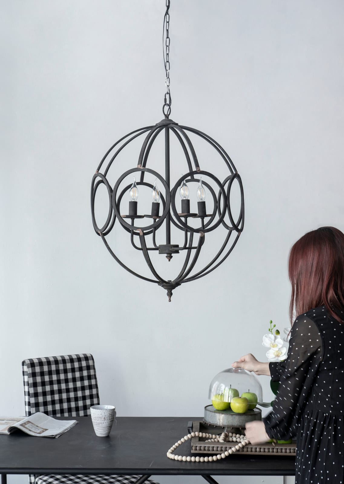4-Light Metal Chandelier - Black Iron, Adjustable Chain