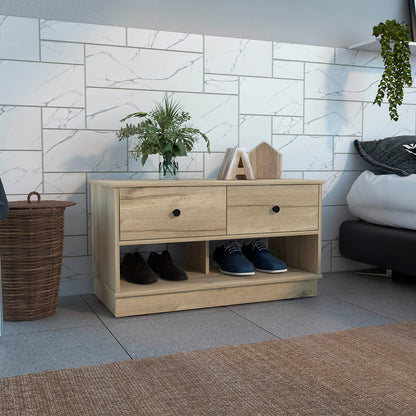 Beige Storage Bench with 2 Shelves & Drawers