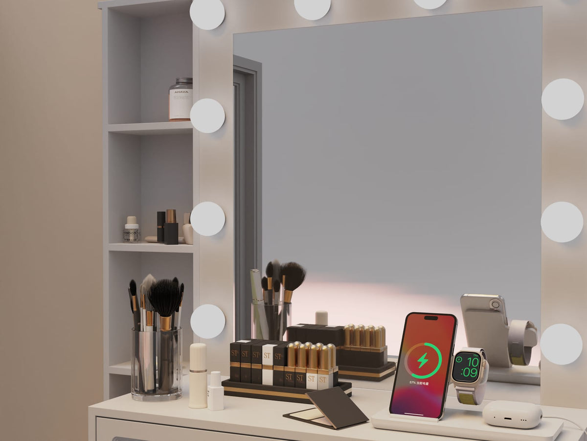 White Vanity Desk with Mirror & Lights - Charging Station for Bedroom