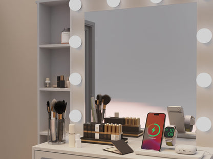 White Vanity Desk with Mirror & Lights - Charging Station for Bedroom