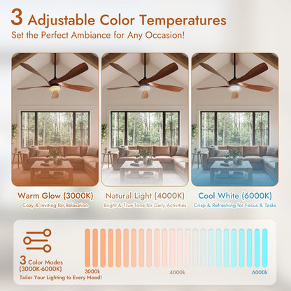 52 Inch Brown Ceiling Fan with Light - Modern Bedroom Fan