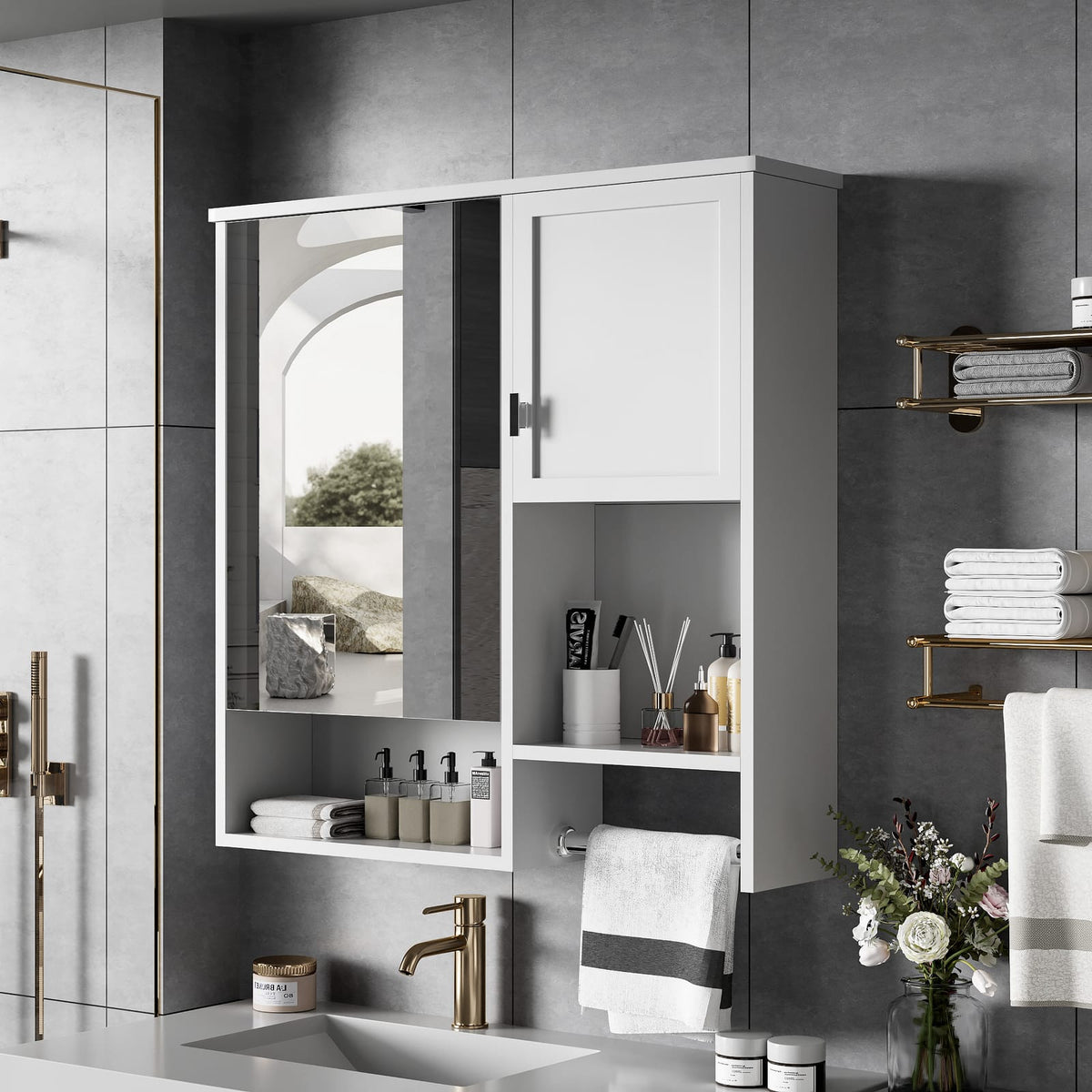 White Wall Mounted Bathroom Cabinet with Mirror - 2 Doors