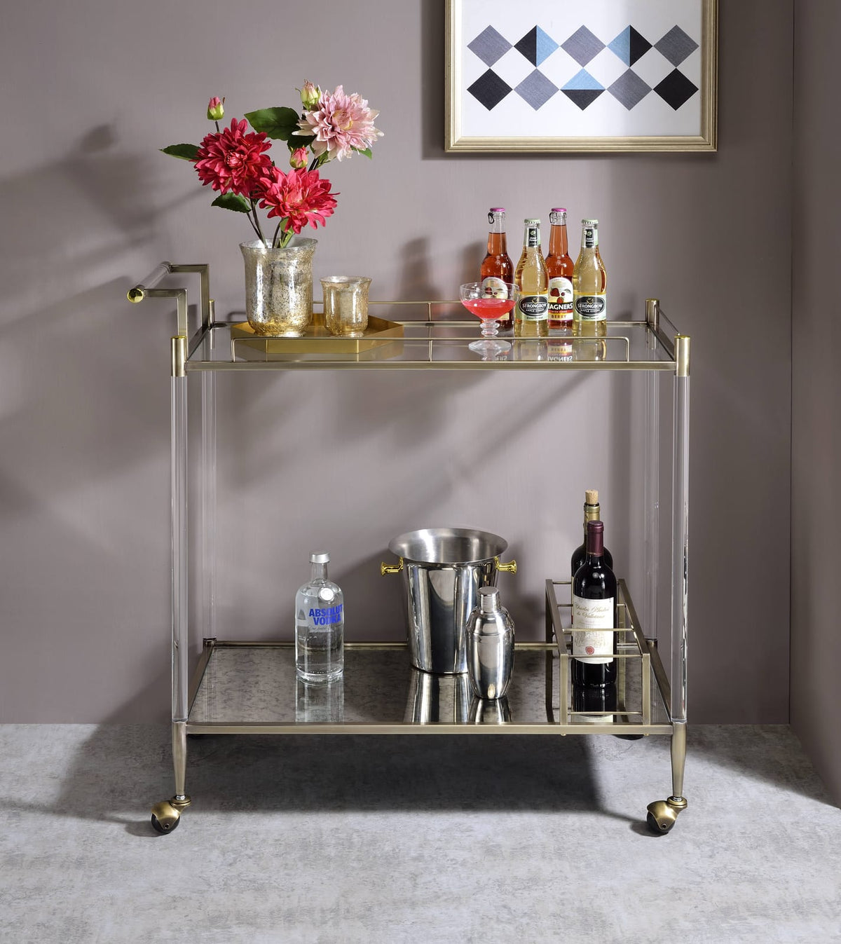 Antique Brass Glass Serving Cart for Kitchen Storage and Dining