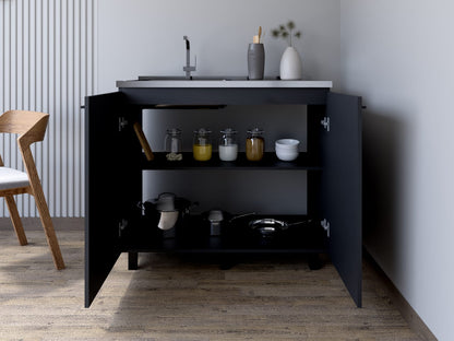 Burwood Utility Sink Cabinet - Black Particle Board Kitchen Storage