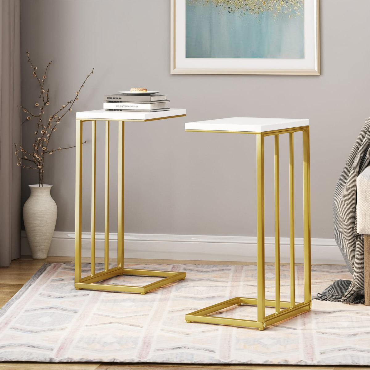 End Table - Gold & White C-Shape Accent Tables