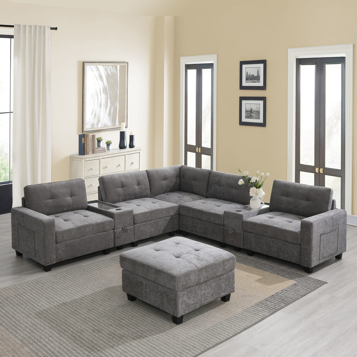 104'' Gray Chenille Sectional Sofa with Movable Ottoman
