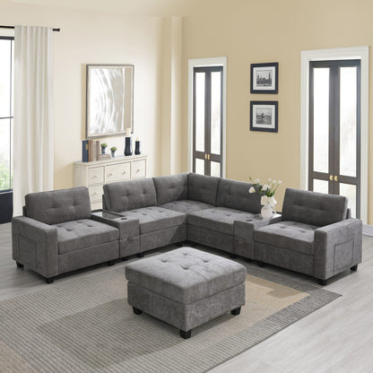 104'' Gray Chenille Sectional Sofa with Movable Ottoman