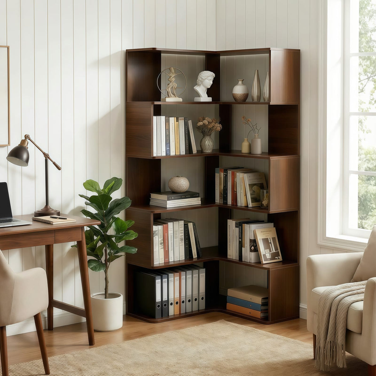6 Tier Corner Bookshelf - Walnut MDF Display Shelf 66" for Living Room