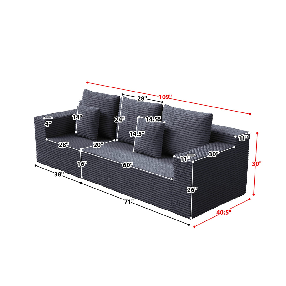 Deep Seat Corduroy Modular Cloud Couch with Cup Holders, No Assembly Required