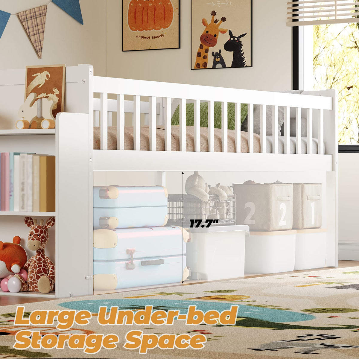 Twin Bed Frame with Storage Shelf - White Wooden Platform Bed