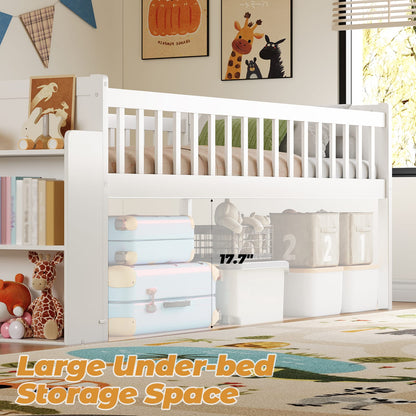 Twin Bed Frame with Storage Shelf - White Wooden Platform Bed