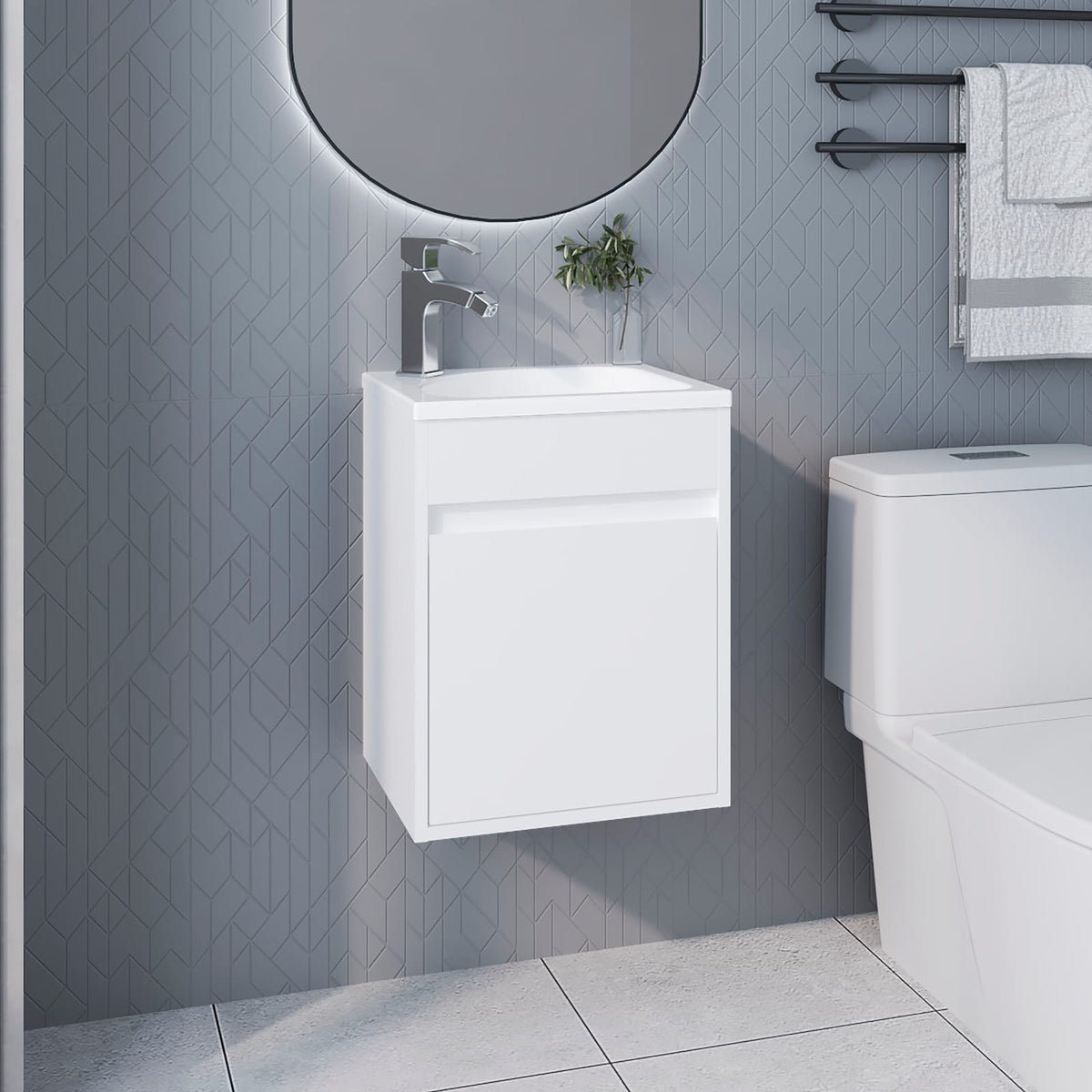 White Bathroom Vanity with Sink - Wall Mounted Storage