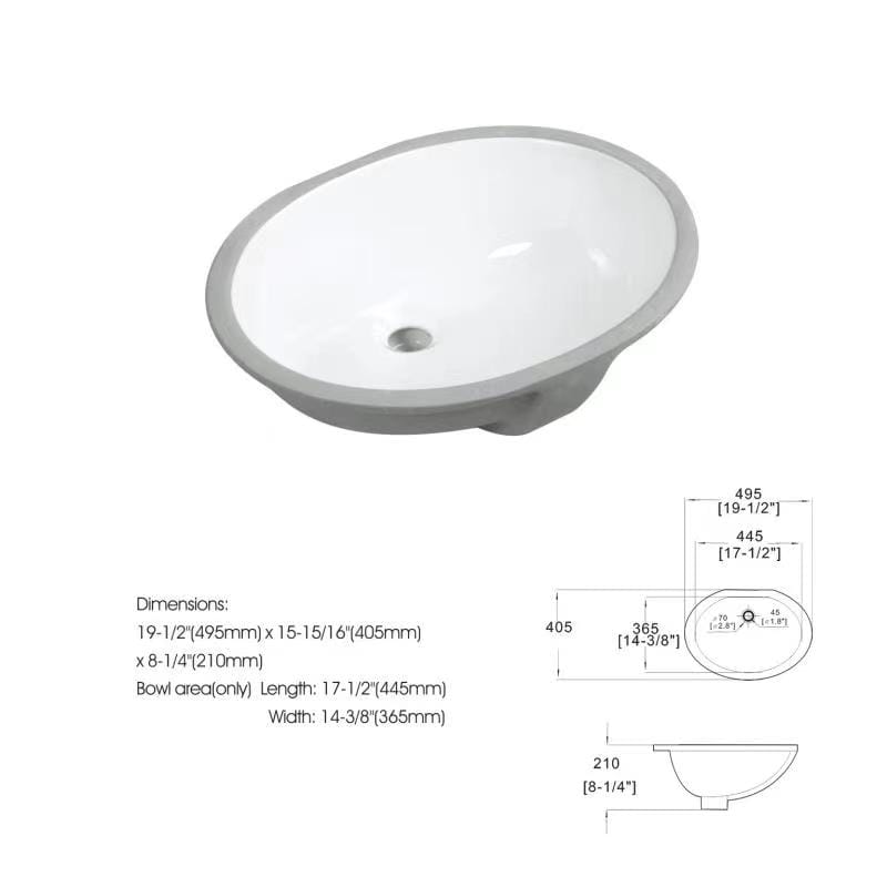 White Ceramic Oval Bathroom Sink - Undermount Style