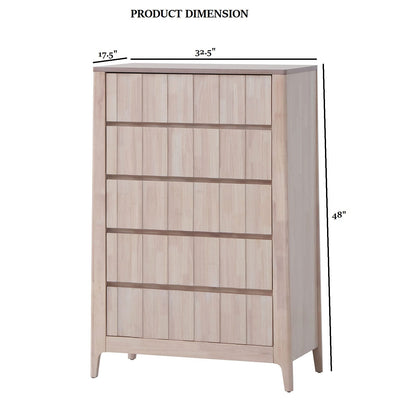 Mid-Century Modern Solid Wood Bedroom Dresser with White Wash Finish