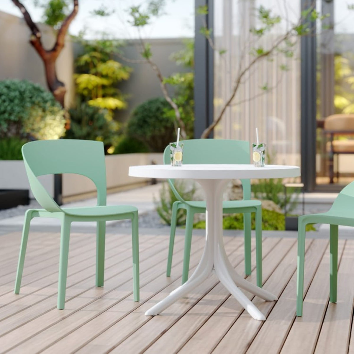 Haze Green Polypropylene Patio Chairs & Round Table Set - 4 Chairs, Weatherproof