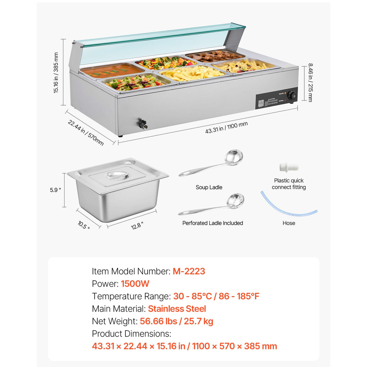Silver Stainless Steel Food Warmer - 1500W Buffet Bain Marie