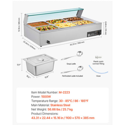 Silver Stainless Steel Food Warmer - 1500W Buffet Bain Marie