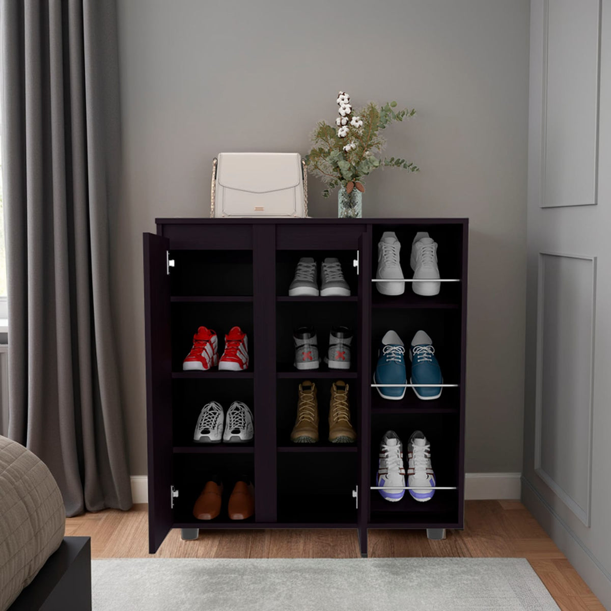 Black Engineered Wood Shoe Storage Cabinet with 11 Shelves for Living Room