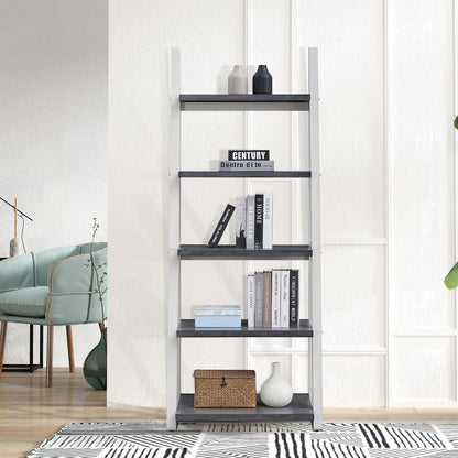 5-Tier Shelves - Grey+White Solid Wood Storage Rack for Home Office & Living Room