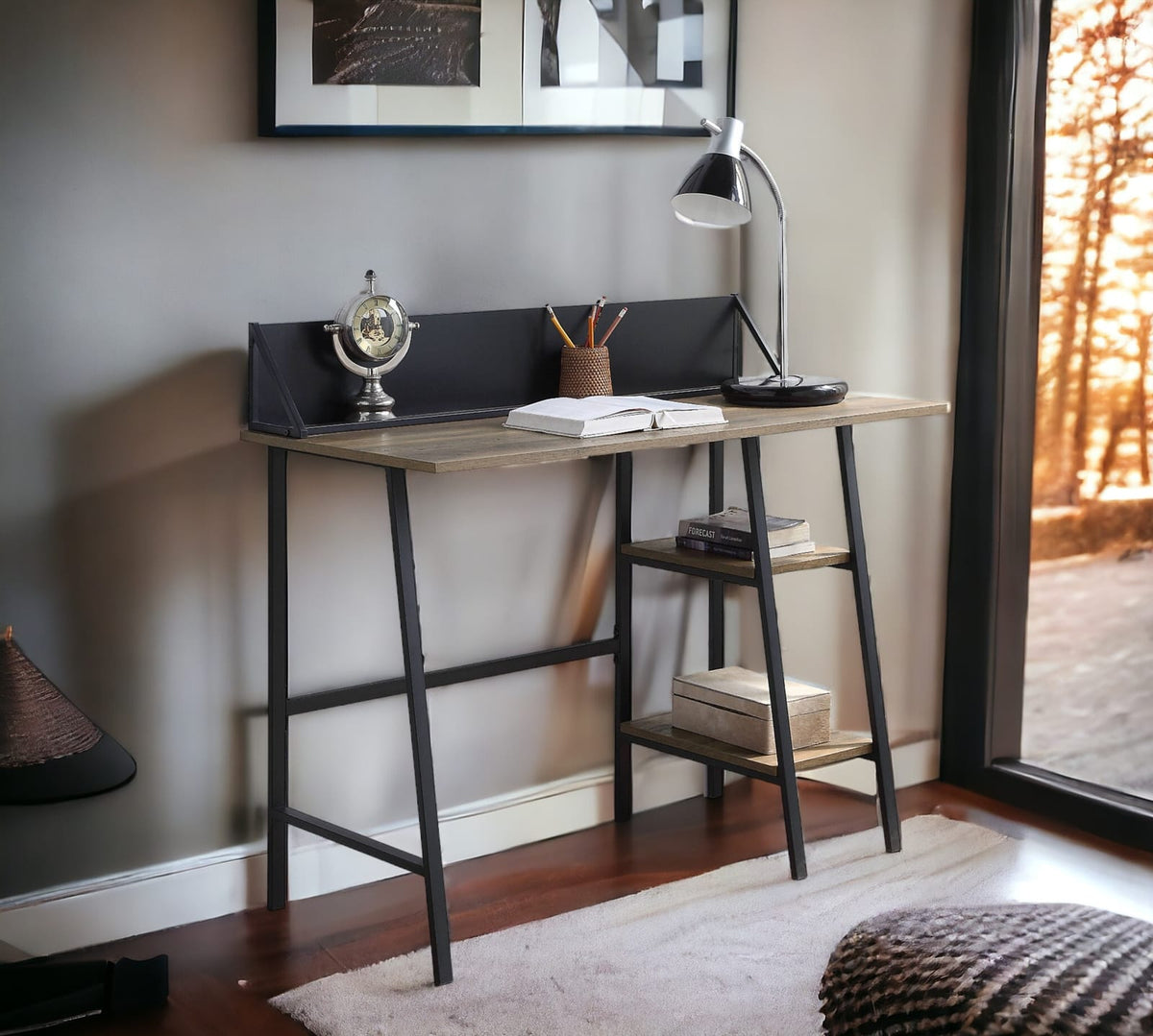 Rustic Oak Writing Desk with Black Legs & Storage for Home Office