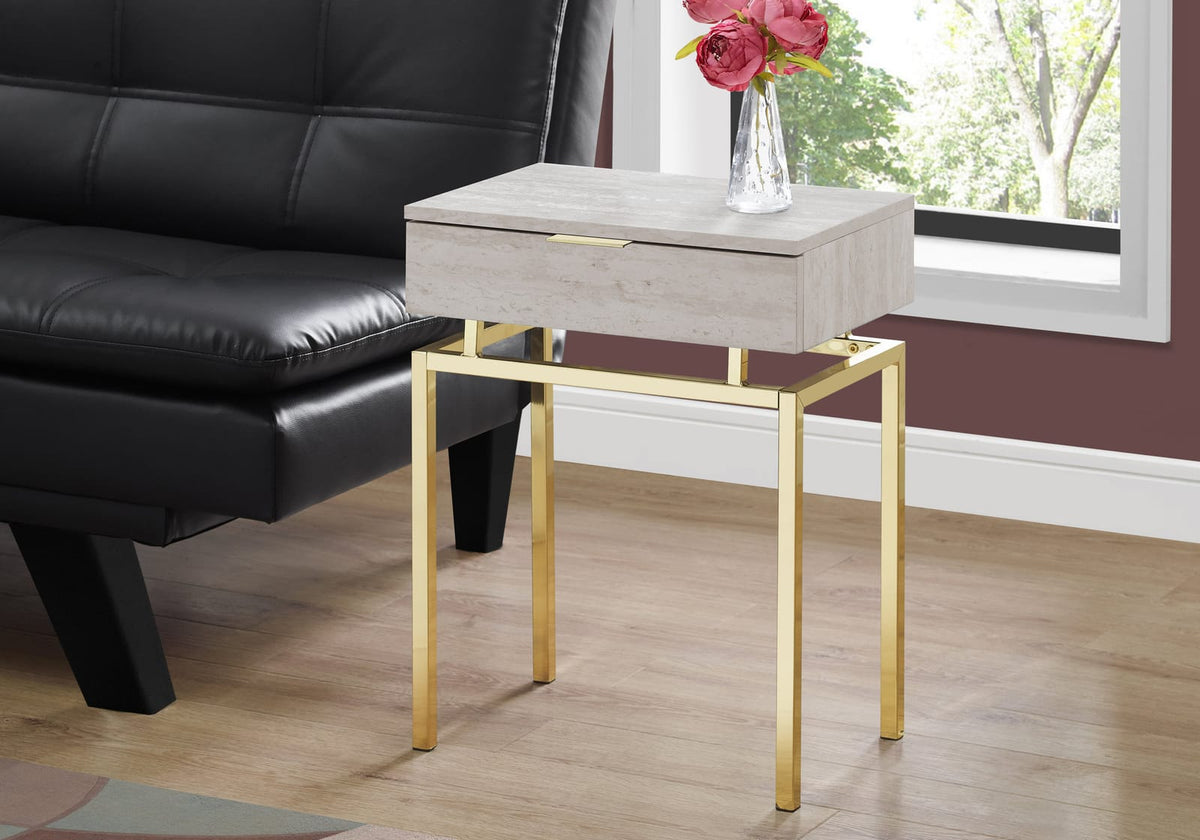 Beige Marble Look Accent Table - Nightstand Storage Drawer