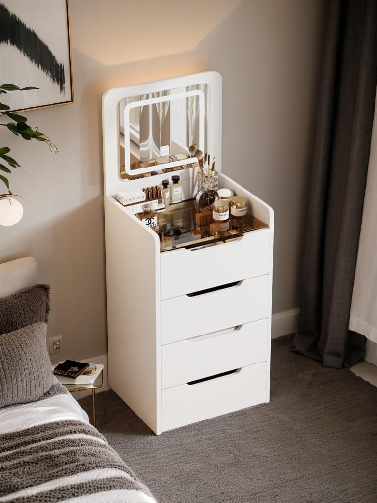Modern White MDF+Glass Vanity Desk with Mirror and Storage for Bedroom