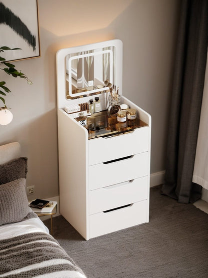 Modern White MDF+Glass Vanity Desk with Mirror and Storage for Bedroom