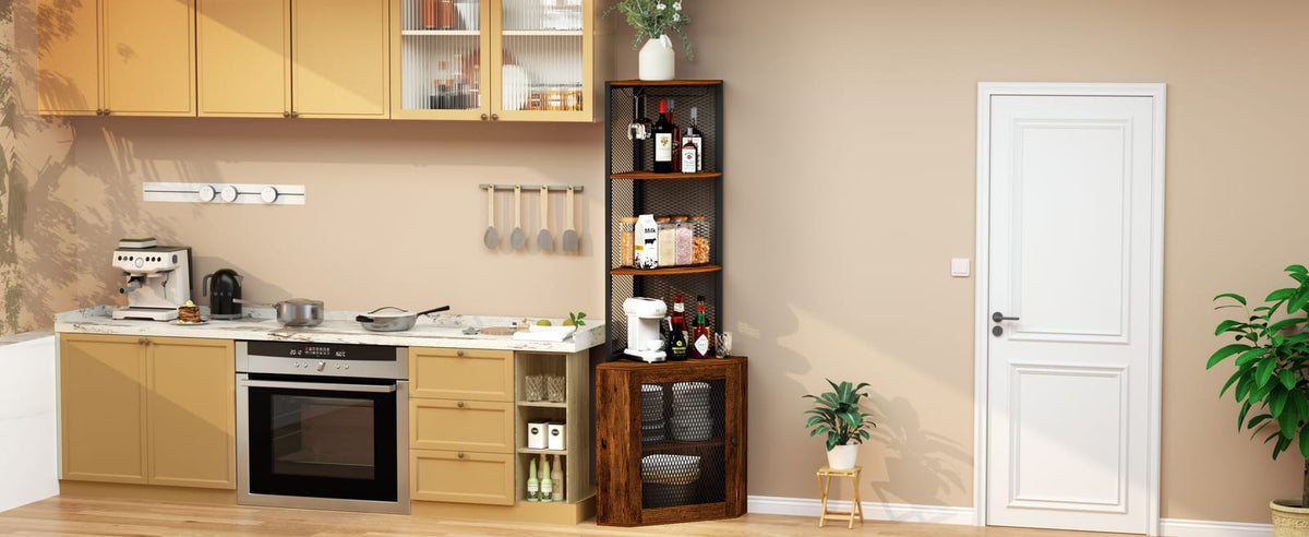 Rustic Brown Wood Corner Cabinet - 65" Storage Shelf with Charging Station