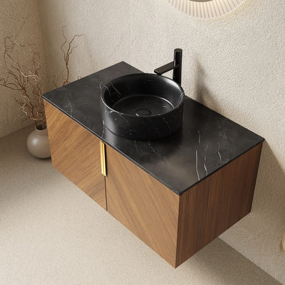 36 Inch Brown Oak Bathroom Vanity with Ceramic Sink and Storage