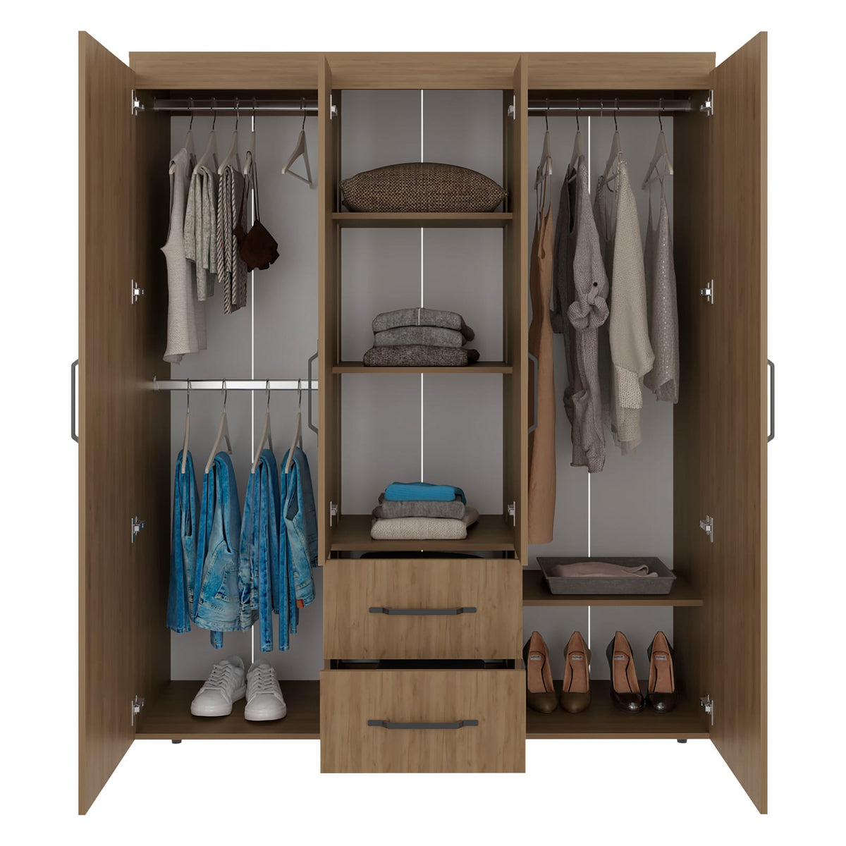 Light Natural 4-Door Dresser with Hanging Rods