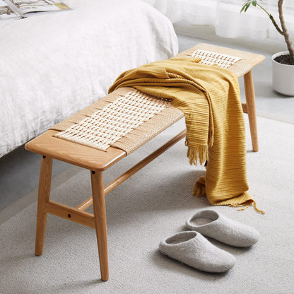 Oak Wood Dining Bench - Rectangular Stool for Bedroom