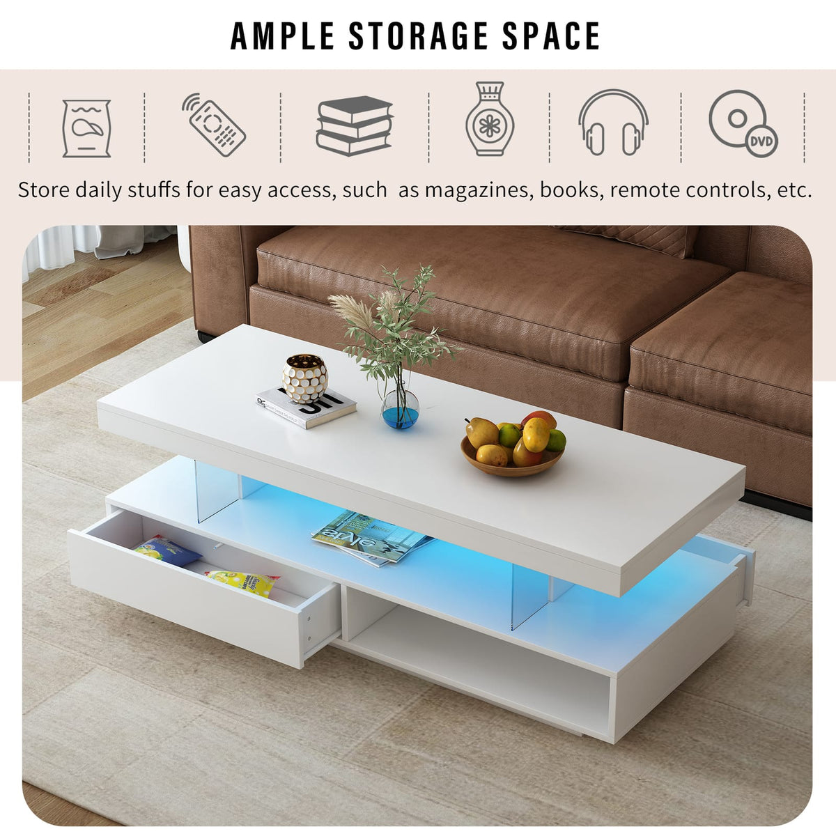 White LED Coffee Table with Storage Drawers