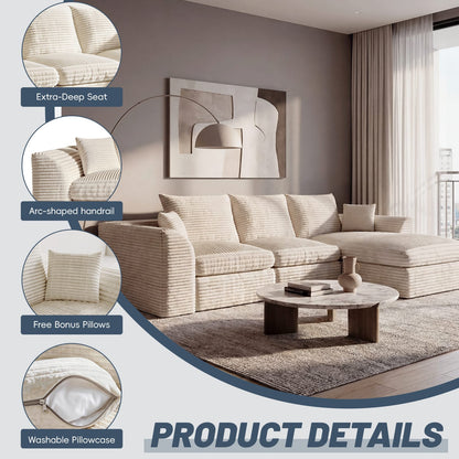 L-Shaped Corduroy Sofa - Cloud Comfort, No Assembly