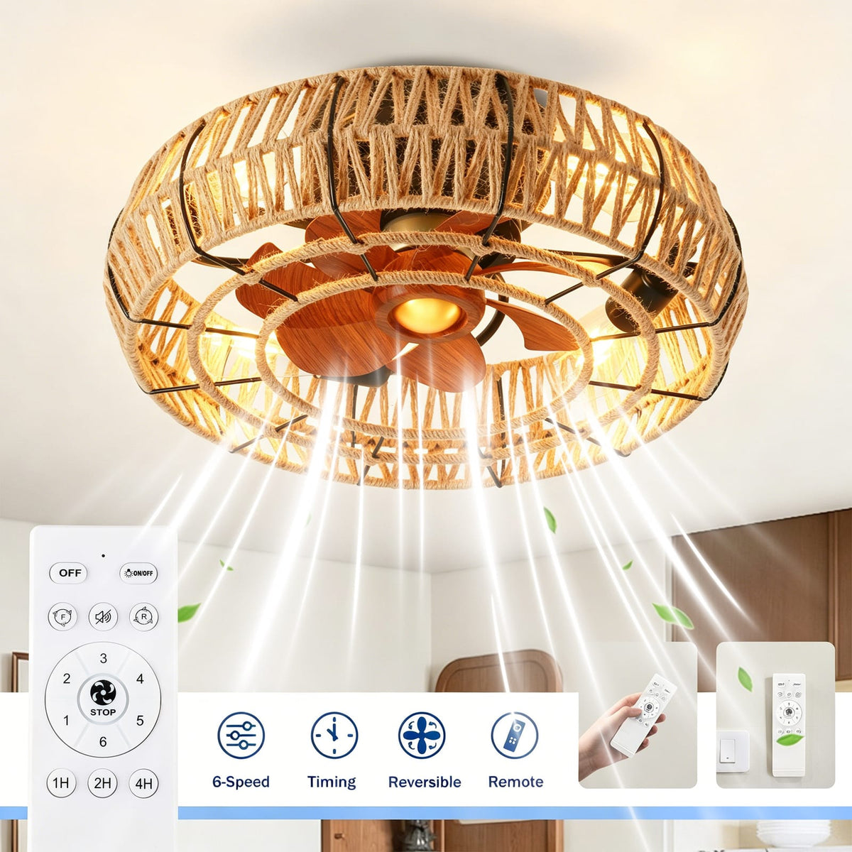 20 Inch Black Rope Cage Ceiling Fan with Lights - Remote Control