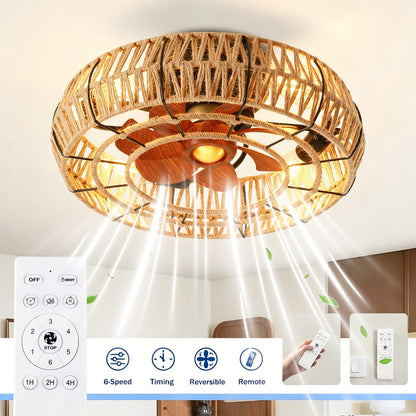 20 Inch Black Rope Cage Ceiling Fan with Lights - Remote Control