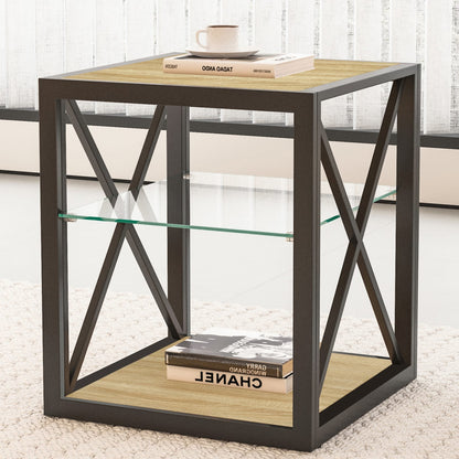 Set of 2 Modern End Tables - Glass & Wood Nightstand