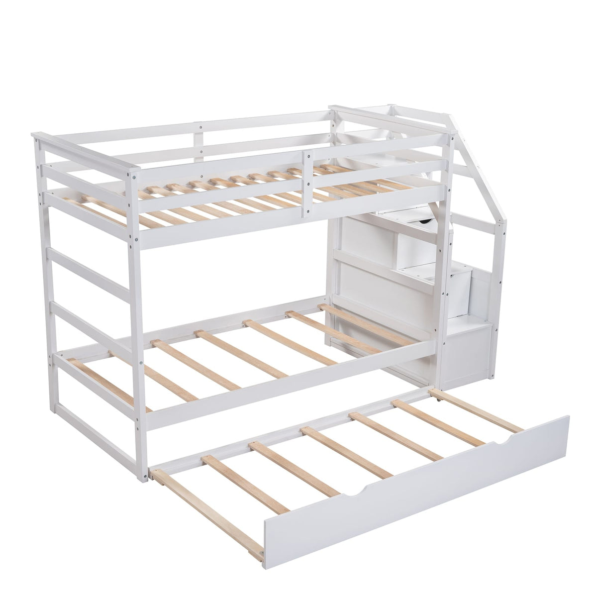 Twin-Over-Twin Bunk Bed with Trundle - White Solid Wood