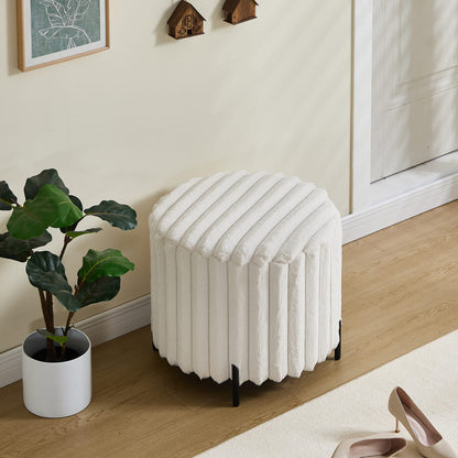 Beige Faux Fur Round Pouf Ottoman - Lightweight Foot Rest for Living Room
