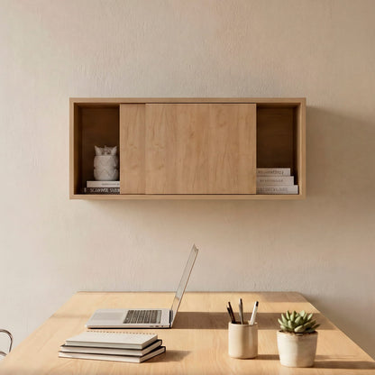 12.4" Natural Wood Wall Mounted Cabinet - Office Storage for Living Room