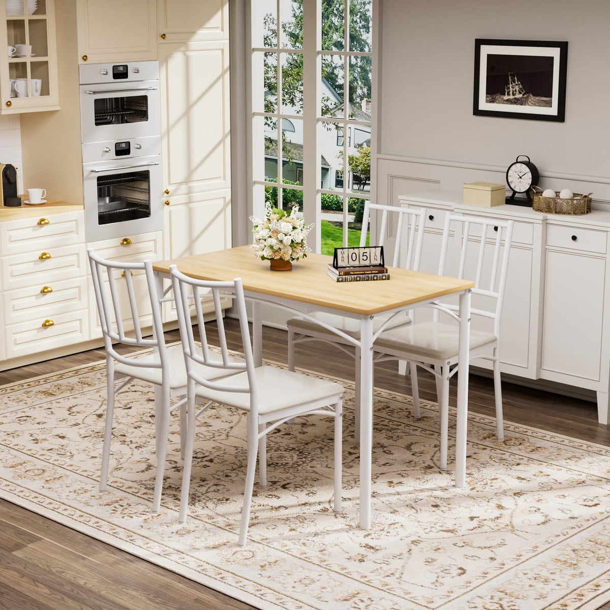 4-Person Dining Table Set - Natural White Industrial Style for Dining Room