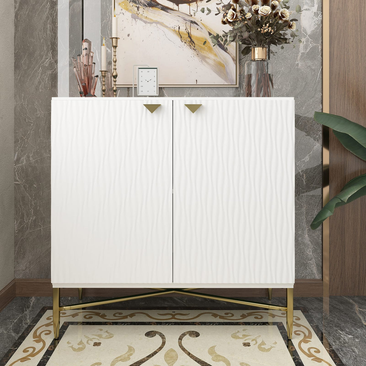 White MDF Iron Accent Cabinet 2 Door Storage for Living Room
