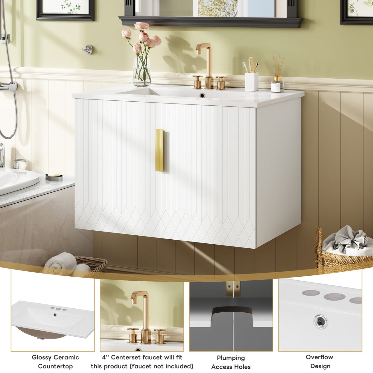 30" White Bathroom Vanity with Ceramic Sink - Storage Cabinet