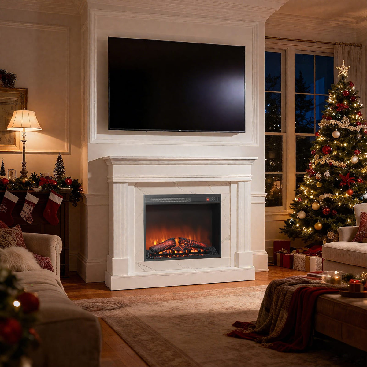 Living Room 44" Jasmine White Electric Fireplace with Mantel - Realistic Flame Effect