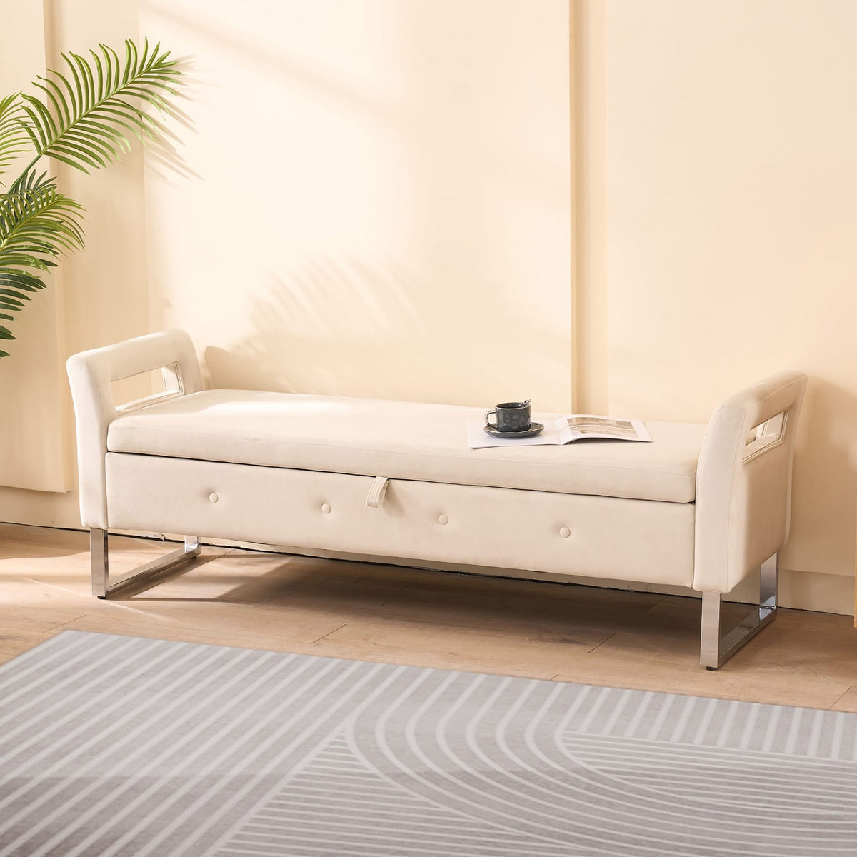 Beige Velvet Storage Bench - Bedroom Footstool